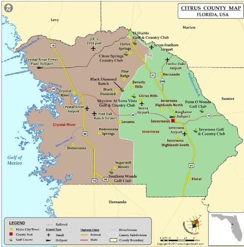 Map of Citrus County Florida showing Crystal River Inverness Beverly Hills Hernando Lecanto and Citrus Springs